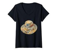 Women's Surreal Beach Hat Coastal Summer Collage Mediterranean Art V-Neck T-Shirt