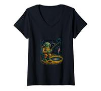 Womens Surreal Moon Fishing Cosmic Galaxy V-Neck T-Shirt