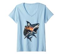 Women's Surreal Shark Ocean Sunset Tropical Island Lighthouse Marine V-Neck T-Shirt