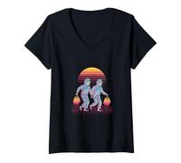 Womens Surreal Skeletons Walking Retro Sunset Art V-Neck T-Shirt