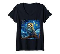 Womens Surreal Starry Night Owl V-Neck T-Shirt