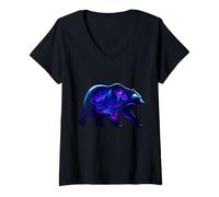 Womens Surreal Wildlife Bear Double-Exposure Mountain Graphic Art V-Neck T-Shirt