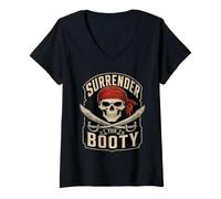 Women's Surrender The Booty Pirate Skeleton Skull Crossed Swords V-Neck T-Shirt