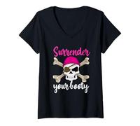 Women's Surrender Your Booty Sea Thief Freebooter Skull Girl Pirate V-Neck T-Shirt