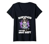 Women's Survived Another Night Shift Nurse Cat Nightshift V-Neck T-Shirt