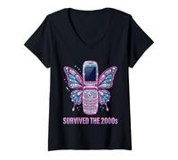 Women's Survived The 2000s Y2K Flip Phone Retro Sassy Art V-Neck T-Shirt