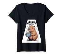 Womens Surviving Barely Capybara Coffee Lover Mellow Mood Women Men V-Neck T-Shirt