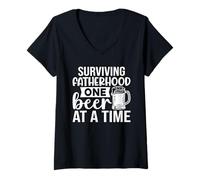 Womens Surviving Fatherhood One Beer At A Time Funny Father Quote V-Neck T-Shirt