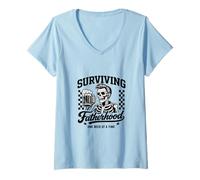 Women's Surviving Fatherhood One Beer at Time Dad Funny Fathers Day V-Neck T-Shirt