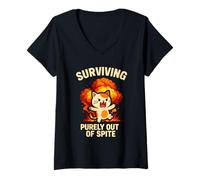 Womens Surviving Purely Out of Spite Funny Cat Humor V-Neck T-Shirt