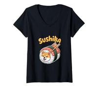 Womens Sushiba Shiba Inu Sushi Dog Kawaii Japanese Pun V-Neck T-Shirt