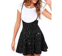 Women's Suspender Braces Casual Skirt Dress Basic High Waist Versatile Flare Skater Shoulder Straps Short Skirt, Z Sequin Glitter Black, XXL