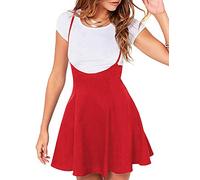 Women's Suspender Braces Casual Skirt Dress Basic High Waist Versatile Flare Skater Shoulder Straps Short Skirt - red - XX-Large