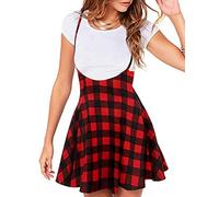 Women's Suspender Braces Casual Skirt Dress Basic High Waist Versatile Flare Skater Shoulder Straps Short Skirt - red - X-Large