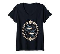 Womens Swallow Birds Celestial Stars Floral Orbit V-Neck T-Shirt