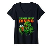 Womens Swamp Brew Rising Funny Coffee Monster Design V-Neck T-Shirt