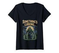 Womens Swamp Creature Emerging from Water Under Full Moon Halloween V-Neck T-Shirt
