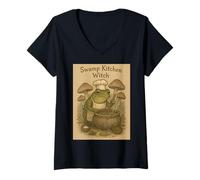 Women's Swamp Kitchen Witch Frog Cauldron Mushroom Cottagecore V-Neck T-Shirt