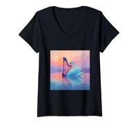 Women's Swan Harp Music Sunset Lake Classical Symphony V-Neck T-Shirt
