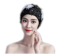 Women's Swan Style Elegant Floral Swimming Cap Pastel Bathing Cap High Elastic Short Long Hair Bath Cap Hat, Black With White Decor