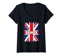 Women's Swansea - Vintage Union Jack British Flag V-Neck T-Shirt