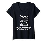Women's Sweat Today Shine Tomorrow Training Workout Fitness Hustle V-Neck T-Shirt
