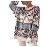 Women's Sweater Christmas Colorful Jacquard Loose Crew Neck Long Sleeve Pullover Knitted Top Cute Reindeer Knit Vintage Diamond Striped Knit Pattern Warm Knitwear Thick Thermal Top