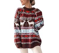 Women's Sweater Christmas Colorful Jacquard Loose Crew Neck Long Sleeve Pullover Knitted Top Cute Reindeer Knit Vintage Diamond Striped Knit Pattern Warm Knitwear Thick Thermal Top