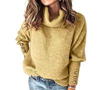 Womens Sweater Jumper Plus Size Solid Colour Plain Turtle-Neck Knitted Tops Bishop Sleeve Loose Pullover Button Cuff Knitwear(A Yellow,L 12)