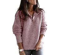 Womens Sweater Jumper Plus Size Solid Colour Zip-Up Plain Ribbed Mock Neck Knitted Tops Long Sleeve Loose Pullover Knitwear(A Pink,XL 14)