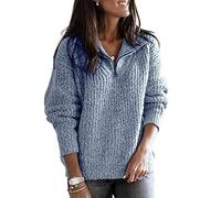 Womens Sweater Jumper Plus Size Solid Colour Zip-Up Plain Ribbed Mock Neck Knitted Tops Long Sleeve Loose Pullover Knitwear(A Blue,L 12)