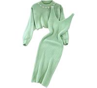 Women's Sweater Knit Dress Two-Piece Elegant Street Slim Soft and Comfortable Solid Color Bead Round Neck Warm Long Sleeve Sweater Skirt Set (Green,One Size)