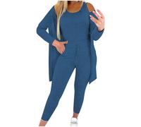 Womens Sweater Suits for Women UK 3 Pieces Sets Sleeveless Crewneck Tank Tops Long Sleeve Button Cardigan Elastic Waist Leggings with Pockets Ladies Casual Solid Color Outwear