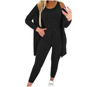 Womens Sweater Suits for Women UK 3 Pieces Sets Sleeveless Crewneck Tank Tops Long Sleeve Button Cardigan Elastic Waist Leggings with Pockets Ladies Casual Solid Color Outwear
