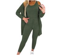Womens Sweater Suits for Women UK 3 Pieces Sets Sleeveless Crewneck Tank Tops Long Sleeve Button Cardigan Elastic Waist Leggings with Pockets Ladies Casual Solid Color Outwear