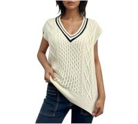 Womens Sweater Vest Sleeveless Pullover Sweaters Solid Elegant V Neck Jumpers Cable Knitted Vest Tops Casual Loose Knitted Gilet Stylish Knitwear Cropped Tank Tops for Ladies Girls