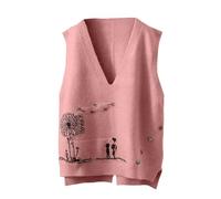 Womens Sweater Vest Sleeveless V Neck Knitted Jumper Pullover Vest Casual Loose Printed Soft Tank Tops(Pink, S)