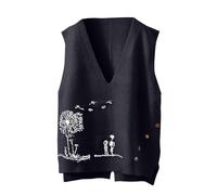 Womens Sweater Vest Sleeveless V Neck Knitted Jumper Pullover Vest Casual Loose Printed Soft Tank Tops(Black, L)