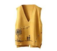 Womens Sweater Vest Sleeveless V Neck Knitted Jumper Pullover Vest Casual Loose Printed Soft Tank Tops(Yellow, XXXL)