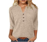 Womens Sweaters 3/4 Length Sleeve Tops V Neck Button Jumpers Womens Top Knit Stripe Fall Ladies Sweatshirts Jumpers Solid Color Workout Plus Size Activewear Casual Tunic Pullover Blouses Khaki