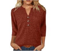 Womens Sweaters 3/4 Length Sleeve Tops V Neck Button Jumpers Womens Top Knit Stripe Fall Ladies Sweatshirts Jumpers Solid Color Workout Plus Size Activewear Casual Tunic Pullover Blouses Orange