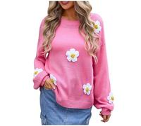 Womens Sweaters Clearance Ladies Jumpers Casual Striped Flower Embroidery Crewneck Knit Sweater Cute Elegant Soft Long Sleeve Jumper Shirts Lightweight Crochet Pullover Tops