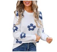 Womens Sweaters Clearance Ladies Jumpers Casual Striped Flower Embroidery Crewneck Knit Sweater Cute Elegant Soft Long Sleeve Jumper Shirts Lightweight Crochet Pullover Tops