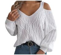 Womens Sweaters Cold Shoulder Lantern Long Sleeve Jumpers Casual V Neck Chunky Knit Pullover Loose Comfort Knitwear Fall Winter Versatile Warm Tunic Tops Stylish Elegant Blouses White