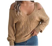 Womens Sweaters Cold Shoulder Lantern Long Sleeve Jumpers Casual V Neck Chunky Knit Pullover Loose Comfort Knitwear Fall Winter Versatile Warm Tunic Tops Stylish Elegant Blouses Khaki