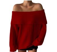 Womens Sweaters Off the Shoulder Jumper for Womens Plus Size Pullover Long Sleeve Tops Casual Loose Sweater Comfy Cozy Top Knitwear Oversized Y2k Clothes Soft Thick Autumn Winter Outdoor Red