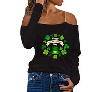 Womens Sweatshirt for St. Patricks Day Off Shoulder Tops UK Clearance Irish Lucky Green Shamrock Printed T-Shirts Women Paddy's Day Hat Print Cut-Out Pullover Womens Ireland Casual Loose Jumper Tees