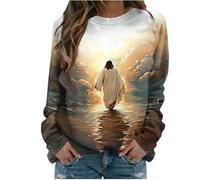 Womens Sweatshirt Long Sleeve Womens Pullover Jesus The Lost Sheep Print Jumper Women Round Neck Tshirt Casual Loose Tunic Tops Raglan Top for Women Basic Blouses