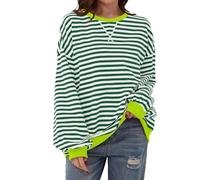 Womens Sweatshirt, Oversized Graphic Sweatshirt for Women Retro Long Sleeve Drop Shoulder T Shirt Round Neck Womens Thermal Shirt Ladies Lightweight Striped Oversized Sweater Tshirts and Sweatshirts
