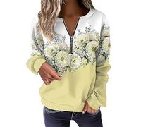 Women's Sweatshirt Pullover Vintage Sports Basic Quarter Zip Denim Blue White Yellow Floral Street V Neck Long Sleeve Top Elastic Fall & Winter Long Length Sweaters (Yellow, XXL)